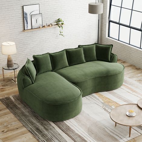 Canapé nuage L en chenille sans cadre siège extra profond accoudoirs larges. Avec chaise longue et coussins sans assemblage,vert. (1/5)