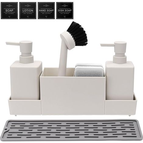 Spülbecken-Organizer – 7-teiliges Set – Kunststoff und Silikon – 350-ml-Spülmittelspender – Küche und Bad – Weiß (1/5)