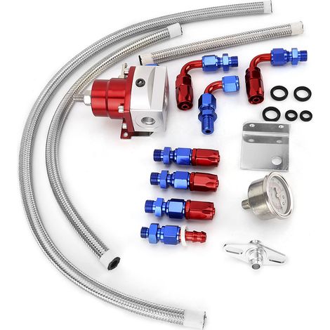 Kit régulateur de pression de carburant automobile universel réglable avec manomètre, 100 PSI (rouge + argent) (1/5)