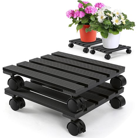 Randaco 2X WPC Pflanzenroller 30cm, Blumenroller Tragkraft 80 KG, Rolluntersetzer mit Rollen, Kübelroller für Pflanzen, Blumentopf(Eckig, Grau)
