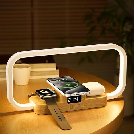 3-en-1 Lampe de Chevet avec Chargeur sans Fil & Port USB, Lampe Table Dimmable 5 Couleurs à Commande Tactile (1/5)