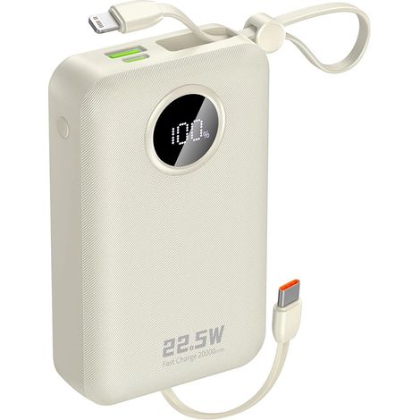 K14+ 20000mAh 22,5W USB-C/USB-A Powerbank mit integriertem iPhone Lightning/USB-C-Kabel – Weiß (1/5)