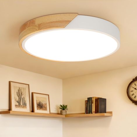 Plafonnier LED 30 cm, 24 W, blanc moderne, en bois, idéal pour le salon, la chambre, la cuisine et le couloir.