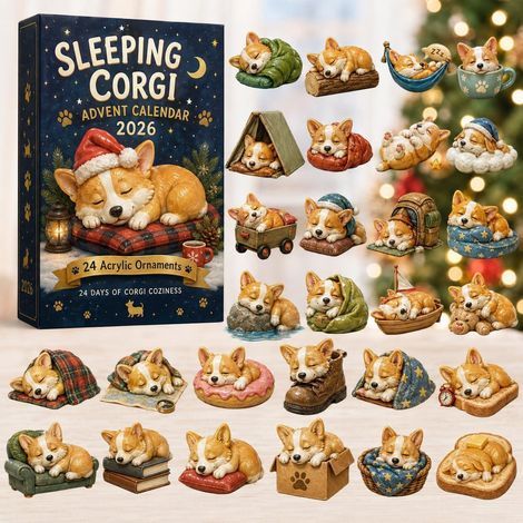 Adventskalender 2026 mit schlafendem Corgi – 2D-Überraschungsbox