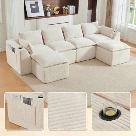 Modulares 4-Sitzer-Sofa (2 Fußhocker), Kissen, Getränkehalter, 2 Seitentaschen, Schaum-/Federkern, schnell rückfedernd. Frei kombinierbar – ideal für Wohnzimmer, Büros u.ä.(beiger Cordstoff)