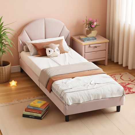 Kinderbett Polsterbett 90x200 cm, mit höhenverstellbarem Muschelkopfteil, Modernen Einzelbett, Bettgestell mit Lattenrost, Velour Rosa (Ohne Matratze) (1/5)