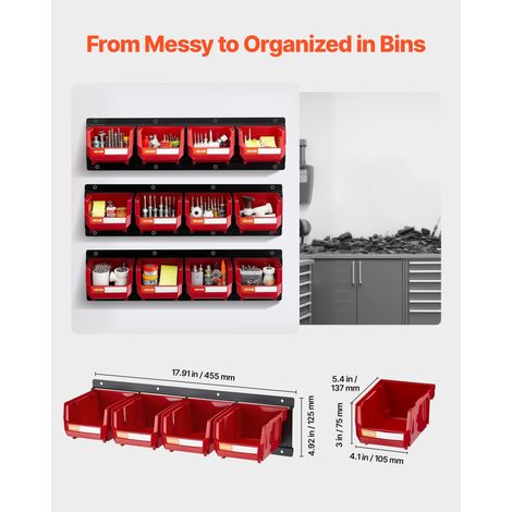 Bac à Bec Mural 12 PCS Bacs de Rangement Empilables Suspendus avec 3 Rails Métalliques, Boites de Rangement en Plastique pour Vis, Écrous, Boulons, Quincaillerie, Outils Atelier, Garage, Rouge (1/5)