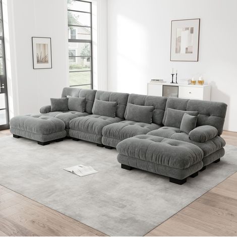 Sofá esquinero modular en U de 4 plazas, con puf móvil, de chenilla gris HAVRYA (1/5)