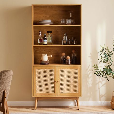 Bibliothèque 2 portes 80x40x171 cm avec cannage naturel - LOUNEA