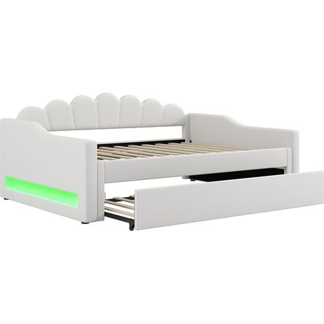 Lit banquette rembourré 140 x 200 cm avec lit gigogne et éclairage LED beige MODENUIT (1/5)