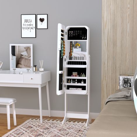 Bijou sur Pied avec Miroir Armoire à Bijoux Lumières Reclinable Rangement pour Bijoux Anneaux Boucles d'Oreilles Colliers 30x36x146cm Blanc