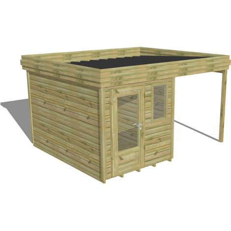 ABRI DE JARDIN bois Pin autoclave 27mm - 4,14x3,44m / 14,2m2 - Bac acier - Plancher bois (1/5)