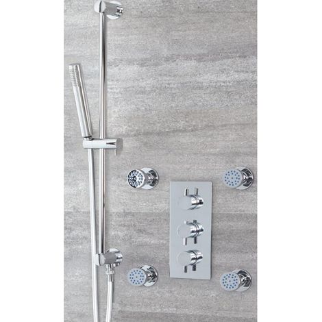 Milano Mirage 2 Outlet Triple Thermostatic Mixer Shower Valve with Hand Shower Handset Slide Rail Bar Kit and Four Body Jets - Chrome (1/5)