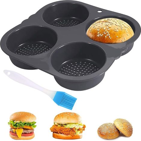 Moule à Pain Hamburger Silicone Rond avec Revêtement Antiadhésif & Brosse, Plaque Buns Burgers 4 Trous, 10cm Ø Plateau Burger Bun pour Petits Pains, Soufflés, Tartelettes, Muffins œufs, Tartes,Gâteaux (1/5)