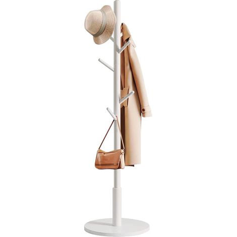 Porte Manteau sur Pieds, en bois, pour vêtements, 8 crochets, 172 x 38 x 38 cm, pour entrée, couloir ou chambre (Blanc) (1/5)
