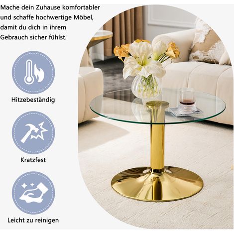 Plateau en verre trempé, table basse ronde 70 cm pour salon avec structure métallique stable (1/5)