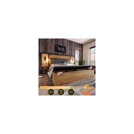 Lit adulte 160x200 cm, lit double capitonné avec lampe de lecture et table de chevet USB C, banc avec rangement, bois et lin, chêne, sans matelas (1/5)