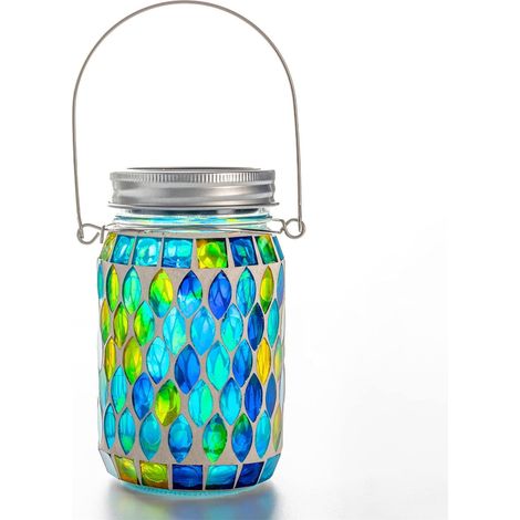 Lampe solaire en bocal Mason, lanterne solaire suspendue en verre mosaïque étanche pour jardin, lampe solaire décorative LED pour table, sol ou arbre.