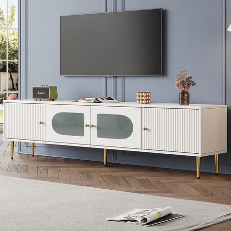 Meuble TV élégant 170x35x50 cm blanc pieds poignées dorés 2 portes rainures 2 portes vitrées cintrées 35 kg