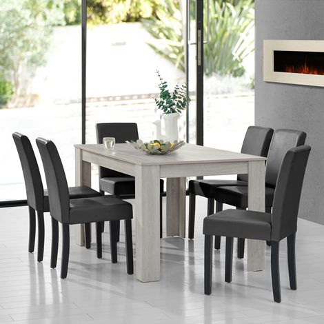 Set Pranzo con Tavolo 140x90 cm e 6 Sedie in Similpelle - Effetto Rovere Bianco / Grigio scuro [en.casa] (1/5)