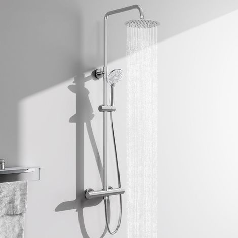 AICA Duschsystem mit Thermostat Regendusche Edelstahl Regenkopf Runde Duschsäule Duschgarnitur Duscharmatur inkl. 3 Strahlarten Handbrause, höhenverstellbar Duschstange
