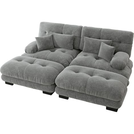 Sofá esquinero modular de chenilla gris con 2 pufs y cojines HOMVRA (1/5)