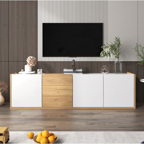 Meuble TV en MDF blanc et bois clair, 171,5 x 35 x 47 cm, 3 portes, 3 tiroirs, étagères réglables, à poser ou mural, rangement multimédia – de FLORAGRACE (1/5)