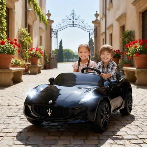 Voiture électrique enfant 120x72x50 cm en plastique noir, 2 places, télécommande, pour jouer à deux (1/5)