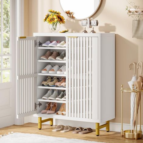 Tribesigns Meuble à chaussures avec portes à volet, armoire à chaussures d'entrée à 6 niveaux avec étagères réglables, organiseur moderne en bois pour entrée, couloir, placard, salon, blanc (1/5)