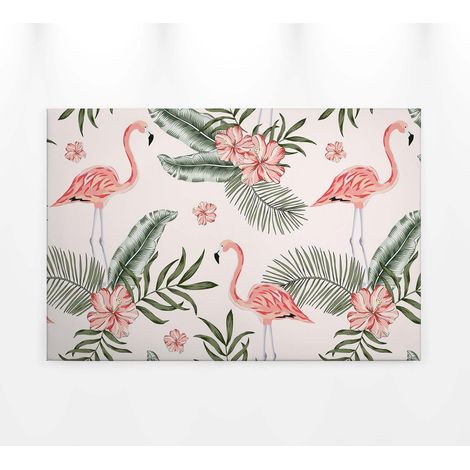 Tableau jungle coloré blanc vert & rose | Tableau sur toile salle de bain & chambre ado | Tableau tropical flamant rose & fleur hibiscus - 0,9 x 0,6 m (1/5)
