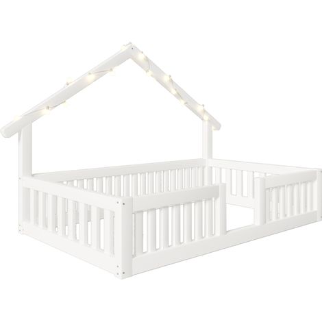 Letto casetta per bambini 90x200 cm in legno bianco con barriera anticaduta e luci LED (1/5)