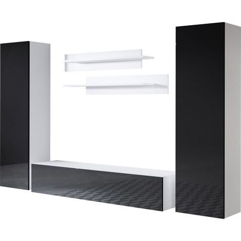 Ensemble de Meubles TV Mur de Rangement Meuble salon Suspendu Modèle Luke 7C Blanc et Noir Finition brillante