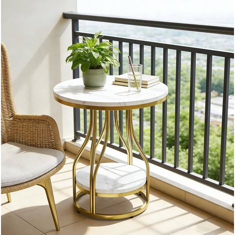Tavolino rotondo a 2 livelli 50 x 50 x 59 cm, oro e bianco, marmo, metallo e legno HAVRYA (1/5)