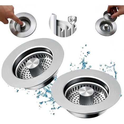 Filtro de desagüe fregadero cocina 3 1, acero inoxidable 304, filtro desagüe fregadero, tapón filtro olores desagüe rápido (plateado, 2 piezas) (1/5)