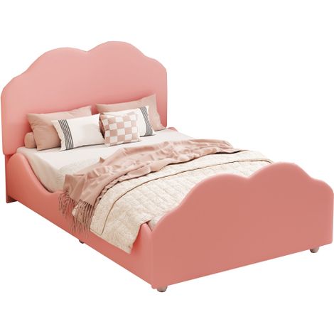 Lit enfant nuage capitonné 90 x 200 cm, cadre de lit enfant à balustrade. Lit simple en velours doux, rose (1/5)