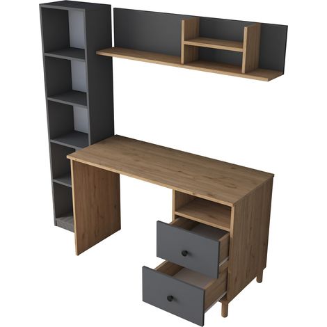Scrivania Venetico, 9 Ripiani, 2 Cassetti, 7 Vani, 120x50x162h cm Marrone Rovere Nodi