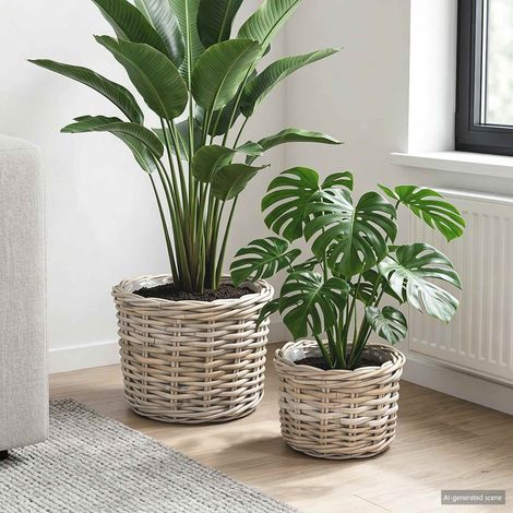 vidaXL Planter Basket with Storage 2 pcs Natural Grey Kubu Rattan
