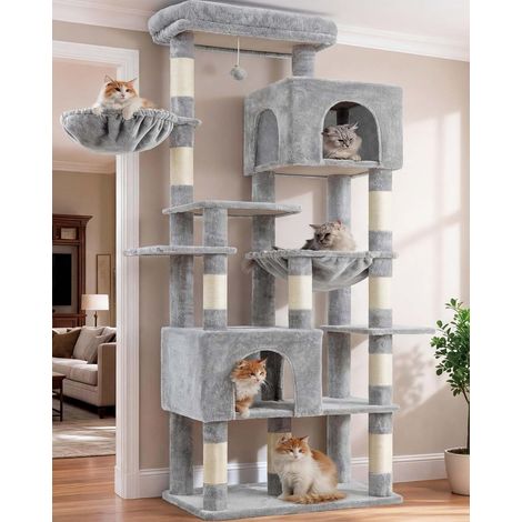 Arbre à Chat XXL 193cm, Base Extra Large, Tour Lourde avec 10 Poteaux en Sisal et 2 Hamacs pour Chats, 2 Niches Design, Mobilier et Couchage pour Chats Géants, Gris Clair HCT039W (1/5)
