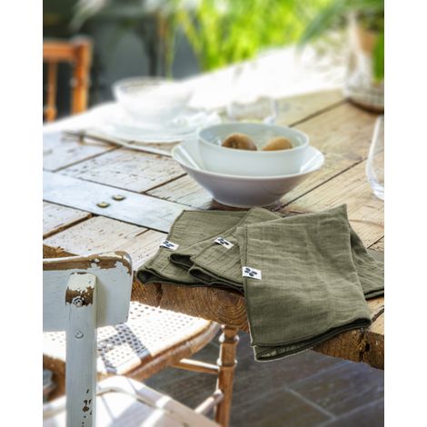 Lot de 3 serviettes de table "Gaïa" 40 x 40 cm "Gaze de Coton" - Gaïa Romarin - Gaia Romarin -
