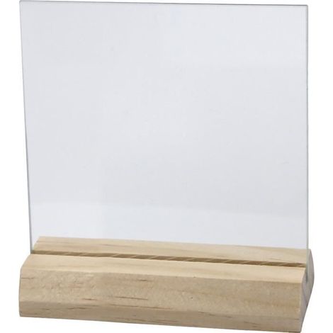 Plaque de verre transparente à bords polis avec socle en bois amovible. réf 55848