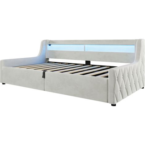 Cama plataforma 90x200 cm de terciopelo beige con almacenamiento hidráulico y LED HOMVRA (1/5)