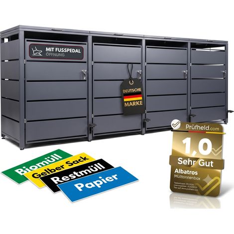 Mülltonnenbox 4er mit Pedal, 120L bis 240L, für vier Tonnen, Metallverkleidung aus verzinktem Stahl, Anthrazit Grau RAL7016 (1/5)