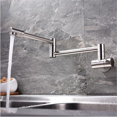 Robinet de cuisine remplisseur de pot Laiton levier unique rotation pliant blanchisserie piscine bec salle de bain cuisine robinet mural eau froide évier robinet Chrome/brossé ( Color : Brushed Nickel (1/4)