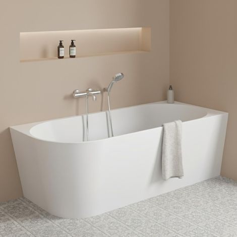 Weiße halbfreistehende Badewanne aus Acryl 150cm - Rechtwinklig MILO