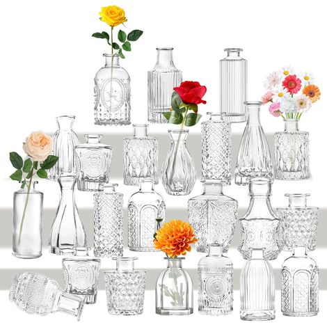 Lot de 24 Petits vases en Verre - Style Vintage - Cristaux Transparents - Différentes Tailles - Décoration de Table - pour Le Salon, la Salle de Bain, la fête des mères (1/5)