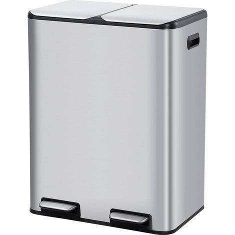 Poubelle de cuisine - 2 x 30 l - Système de tri sélectif en acier inoxydable - 2 compartiments - Double couvercle - Compartiments séparés - Utilisation sans contact - Silencieux - Pour la (1/4)