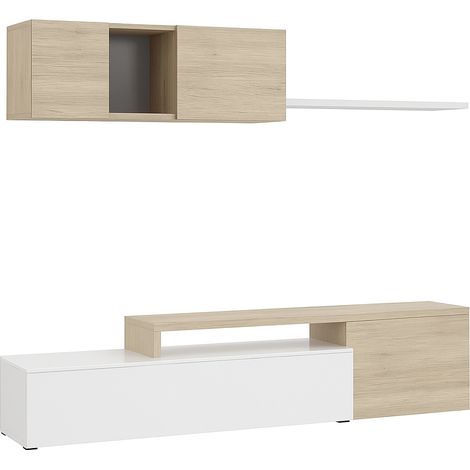 Parete Attrezzata Mobile Soggiorno TV con Mensola Pensile Salotto Legno Base Televisione Sala da Pranzo Design Moderno Modulare Reversibile Adelaide 201 x 41 x 44 cm Colore Bianco e Rovere (1/5)