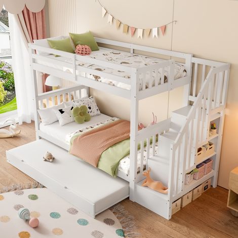 Lit superposé de 90 à 200 cm,étagère d’escalier,équipé d’un lit roulotte escamotable,rampes hautes,certifié EN747-1,blanc