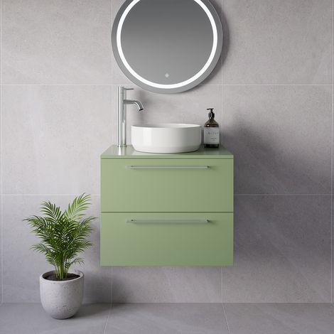 Napoli 460 Olive Green 600mm Wall Mounted 2 Drawer Vanity Unit for Countertop Basins - 600mm - Chrome 320mm Handle