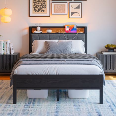 Cama infantil de 120x200 cm con iluminación LED, cabecero con forma, puerto USB, base de láminas metálicas, sin colchón, negro (1/5)